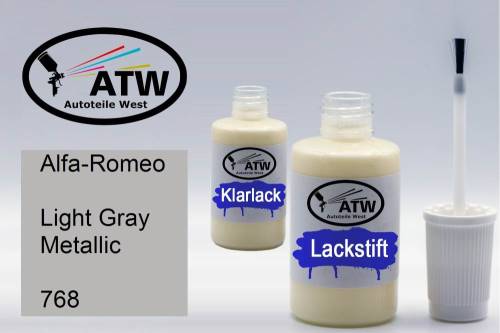 Alfa-Romeo, Light Gray Metallic, 768: 20ml Lackstift + 20ml Klarlack - Set, von ATW Autoteile West.